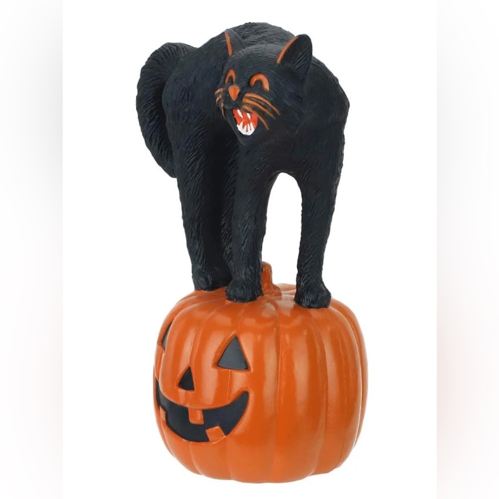 Haunted Halloween Scary Black Cat on Jack-O-Lantern Pumpkin Resin Figurine 8” - Picture 4 of 6